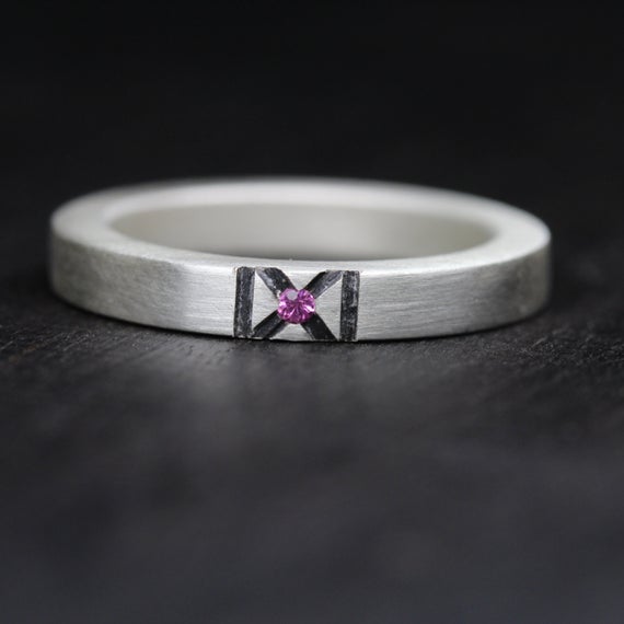 Modern Pink Sapphire Wedding Ring Hand Carved Oxidized X Accent Minimalistic Simple Black White Hugs And Kisses Bridal Band - X-tra Sweet