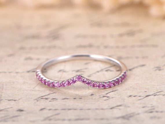 Pink Sapphire V Wedding Band Chevron Wedding Band,curved V Wedding Ring 14k White Gold,curved Wedding Ring Micro Pave Diamond Ring V Ring