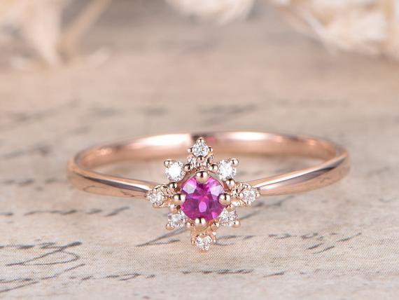 Vs Pink Sapphire Engagement Ring Solid 14k Rose Gold Diamond Wedding Ring Plain Band Promise Ring Diamond Band Bridal Dainty Engagement Ring