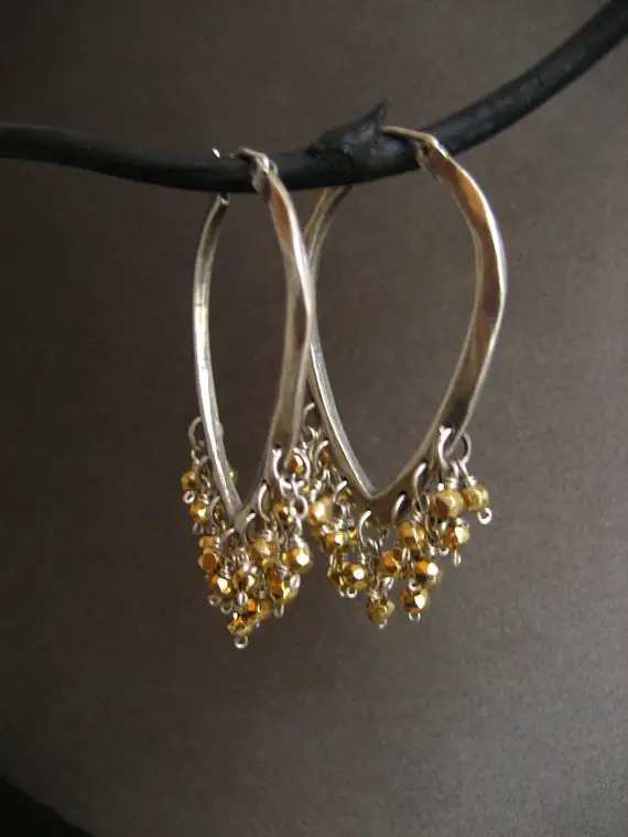 Golden Pyrite Dangle Earrings, V Shaped Silver Hoops With Sparkly Bead Drops, Mixed Metal Jewelry