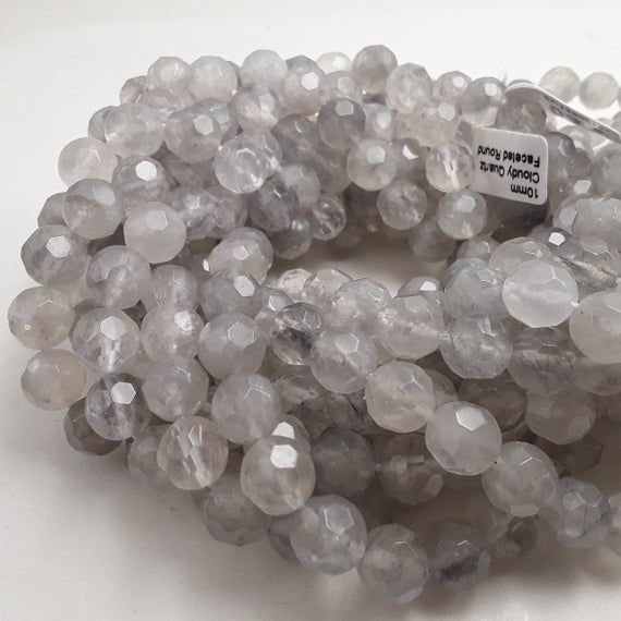 Cloudy Gray Quartz Big Faceted Round Beads 10mm 15.5" Strand