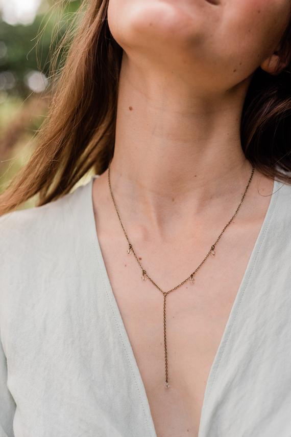 Clear Crystal Quartz Boho Bead Drop Lariat Necklace In Bronze, Silver, Gold Or Rose Gold - 18" With 2" Extender & 3" Drop. April Birthstone