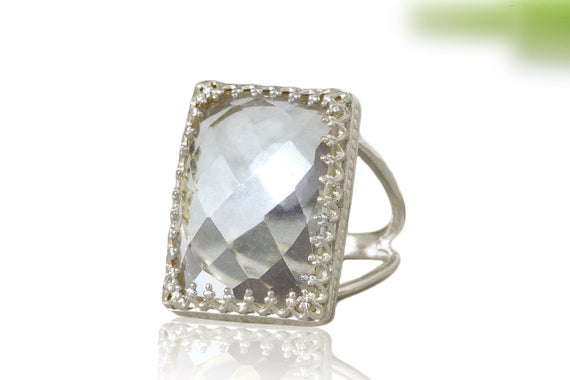 Fine Silver Quartz Ring · Rectangle Ring · Sterling Silver Ring · Wow Statement Ring · Crystal Quartz Ring · Faceted Gemstone Ring