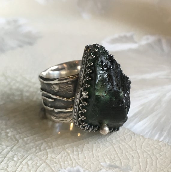 Raw Forest Green Tourmaline Ring, Raw Gemstone Jewelry, Sterling Silver Ring, Crown Ring, Statement Ring, Organic Ring - Jungle R2608