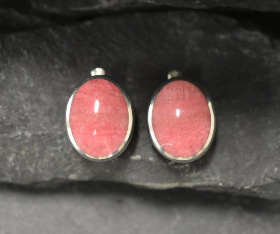 Rhodochrosite Earrings, Natural Rhodochrosite, Large Pink Earrings, Large Oval Studs, Retro Earrings, Statement Studs, 925 Silver Earrings