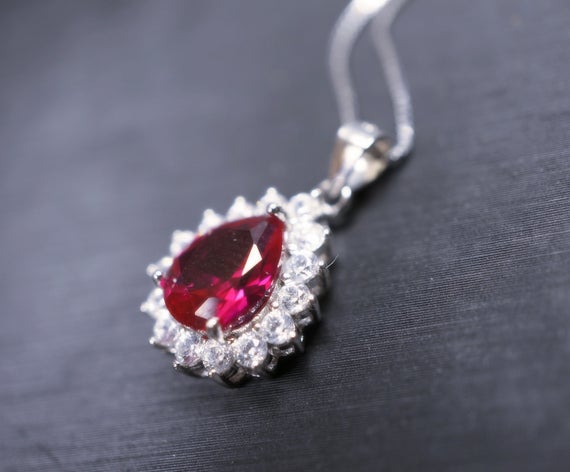 Halo Teardrop Ruby Necklace - Sterling Silver 18kgp - July Birthstone - Pear Cut Genuine Lab Growing Ruby Pendant #194