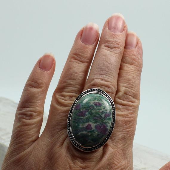 Ruby Zoisite Stone Ring Oval Shape Cab Stone Set On Solid 925 Sterling Silver Bezel Large Sides Amazing Quality Jewelry