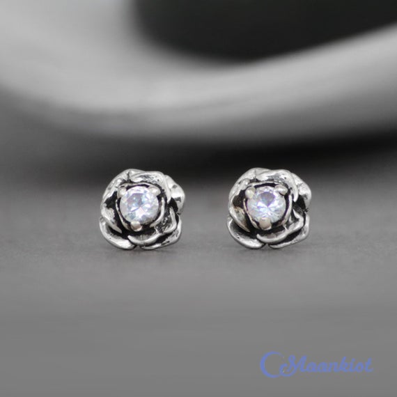 White Sapphire Stud Earrings, Sterling Silver Flower Earrings, Rose Stud Earrings | Moonkist Designs