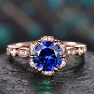 Blue sapphire ring vintage sapphire  engagement ring 14k rose gold for women diamond under halo ring marquise floral wedding ring jewelry | Natural genuine Array rings, simple unique alternative gemstone engagement rings. #rings #jewelry #bridal #wedding #jewelryaccessories #engagementrings #weddingideas #affiliate #ad