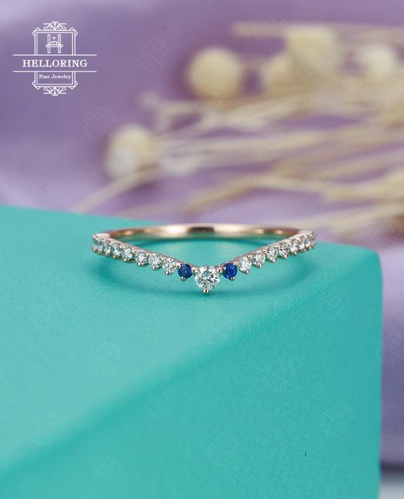 Moissanite Wedding Bands Women Rose Gold Sapphire  Dainty Unique Matching Stacking Micro Pave Half Eternity Bridal Anniversary Promise Ring