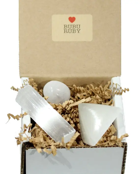 Selenite Crystal Gift Set, Selenite Pyramid Healing Crystal, Natural Stone Gift Box, Reiki Crystals, Chakra, Box Of Crystals, Gift Under 20