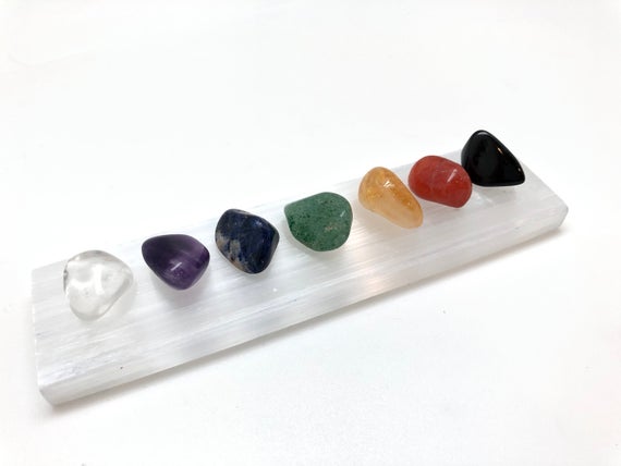 Selenite Plate & Chakra Set - Selenite Crystals - Selenite Slab - Healing Crystals And Stones - Tumbled Chakra Crystal Set - Starter Kit