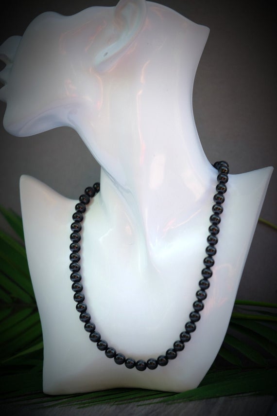 Genuine Shungite Emf Protection 8mm Smooth Black Bead Necklace 18 Inches With 2 In. Silver Extension Chain Lobster Clasp