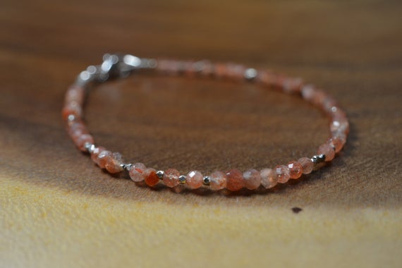 Delicate Sunstone Bead Bracelet In 14k Gold Fill, Sterling Silver // Stacking Bracelet // Summer Jewelry // Hill Tribe Bead Accent // Layer