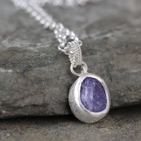 Tanzanite Necklace In Sterling Silver - December Birthstone - Rough Raw & Uncut Purple Gemstone - Minimalist Jewellery - Layering Necklace