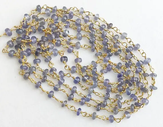 3mm Tanzanite Plain Rondelle Beads Connector Chains In 925 Silver Gold Plate Wire Wrapped Rosary Style Chain, Chain By Foot - Ks3341