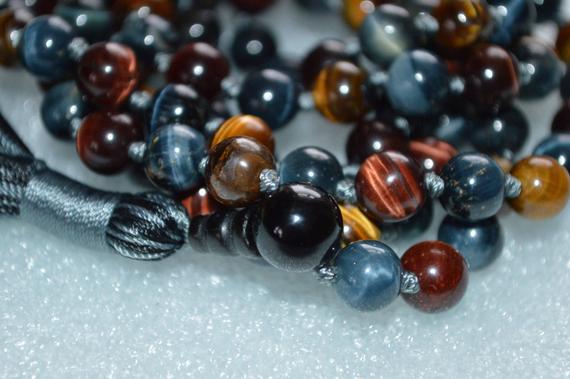 Protection Necklace Red Iron Gray Blue Brown Hawk's Tigers Eye Mala Beads 108 Tiger Eye Mala Necklace Knotted Multi Color Tiger Eye Mala