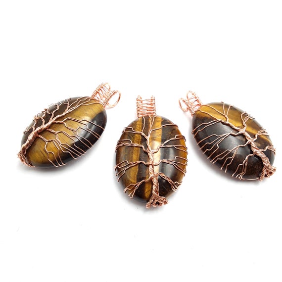 Yellow Tiger Eye Tree Pendant Copper Wire Wrap Oval Size 30x40mm Sold Per Piece
