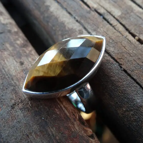 Silver Faceted Tiger Eye Stone Ring Size 6 - Sterling Silver Tigers Eye Ring - Faceted Tigers Eye - Natural Stone Ring - Brown Statement