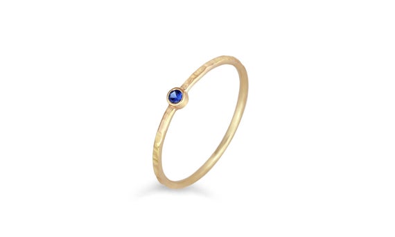 Custom Simple Birthstone Ring - Yellow Gold Blue Topaz Ring - Hammered Band - Petite Minimalist Ring - Simple Stacking Ring - Promise Ring