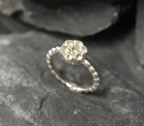 Silver Topaz Ring, Natural Topaz Ring, White Topaz Flower Ring, December Birthstone Ring, Vintage Flower Ring, Bubble Band, Bands By Adina