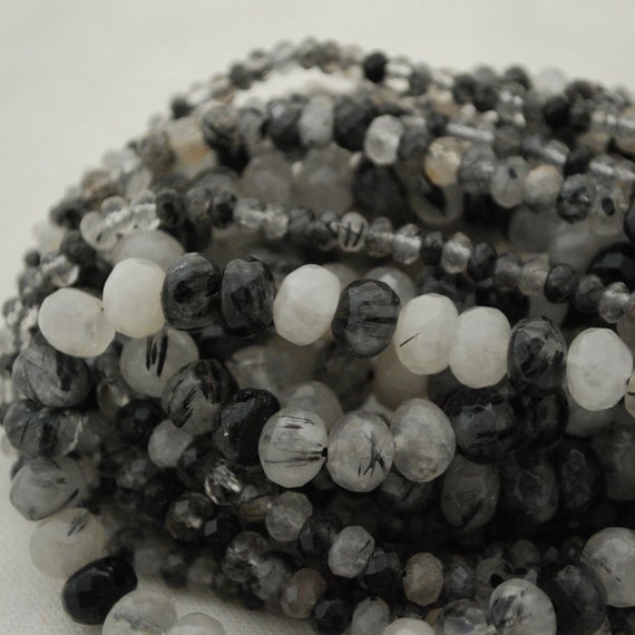Natural Tourmalinated Quartz Semi-precious Gemstone Faceted Rondelle Spacer Beads - 4mm, 6mm, 8mm Sizes - 15" Strand