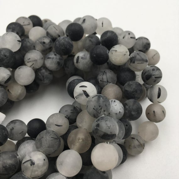 2.0mm Hole Black Tourmalinated Quartz Matte Round Beads 6mm 8mm 10mm 15.5"strand