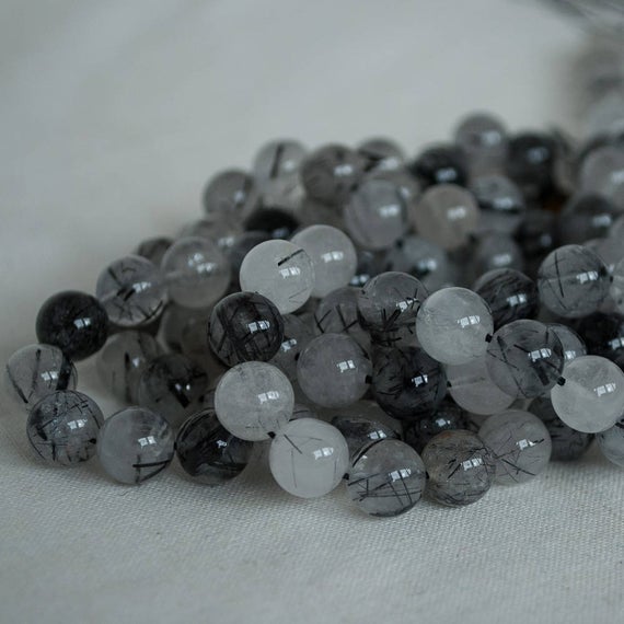 High Quality Grade A Natural Tourmalinated Quartz Semi-precious Gemstone Round Beads - 4mm, 6mm, 8mm, 10mm Sizes - 15.5" Strand