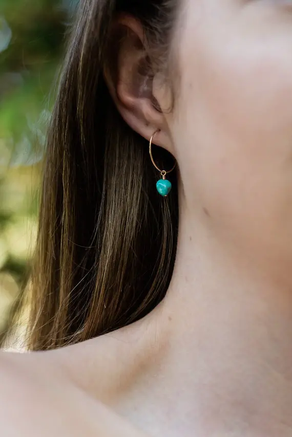 Turquoise Raw Crystal Hoop Earrings In Gold, Silver, Bronze, Or Rose Gold - Natural Crystal December Birthstone Hoops