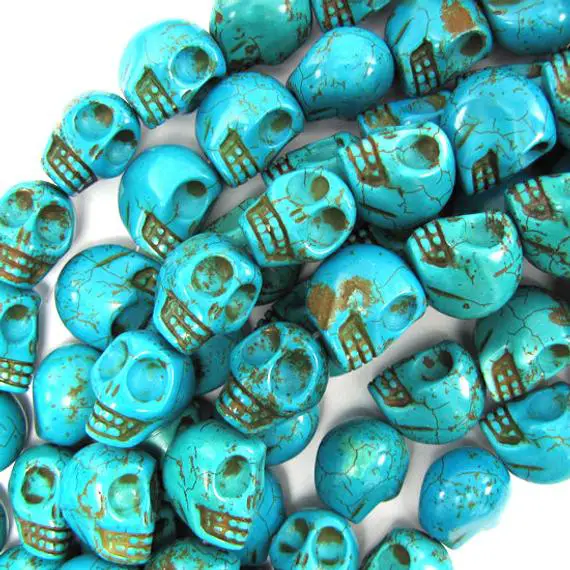 18mm Blue Turquoise Carved Skull Beads 15" Strand