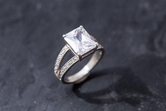 Diamond Ring, Created Diamond Ring, Rectangle Ring, Bridal Ring, Vintage Ring, Radiant Diamond Ring, Zircon Ring, Solid Silver Ring, Diamond