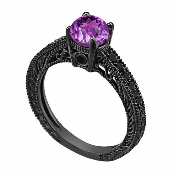 0.70 Carat Amethyst Engagement Ring, Wedding Ring 14k Black Gold Vintage Antique Style Engraved Unique Certified Handmade
