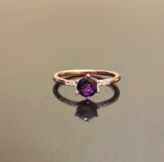 14k Rose Gold Diamond Amethyst Engagement Ring - Art Deco Rose Gold Amethyst Diamond Wedding Ring - Art Deco Amethyst Rose Gold Solitaire