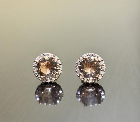 14k Rose Gold Halo Diamond Morganite Earrings - Halo Morganite Rose Gold Diamond Earrings - Morganite Diamond Halo Rose Gold Earrings