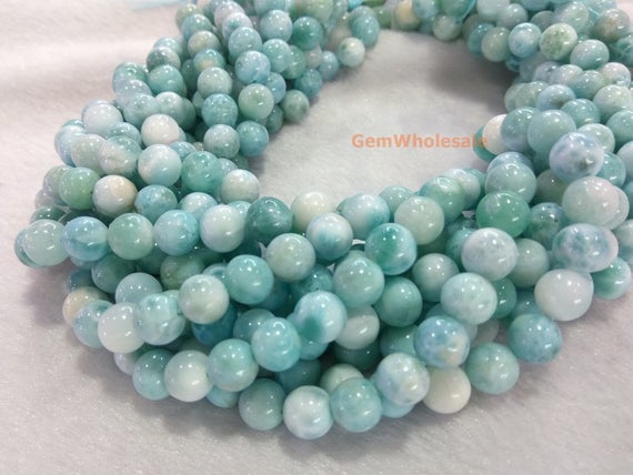 15.5" 6mm/8mm A Natural Genuine Larimar Stone Round Beads, Milky White With Light Blue Color Gemstone, A Quality, Hgso