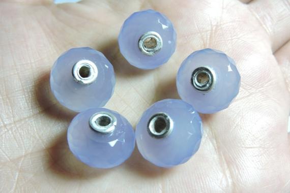 4 Pcs Genuine Lavender Blue Chalcedony Faceted Beads.92.5 Sterling Silver Pipe Fitted In 4 Mm Hole