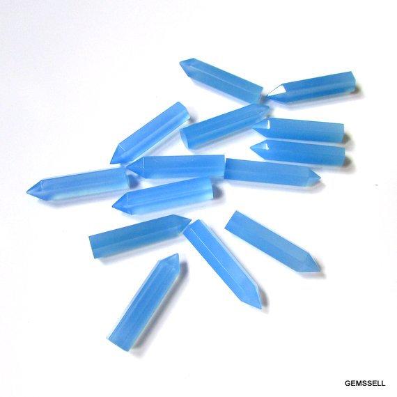 5 Pieces 5x20mm Blue Chalcedony Pencil Faceted Gemstone, Blue Chalcedony Faceted Pencil Loose Gemstone, Blue Chalcedony Pencil Gemstone