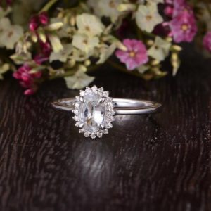 5x7mm White Sapphire Engagement Ring White Gold Oval Cut Engagement Ring Solitaire Minimalist Wedding Woman Diamond Halo Flower Plain Band | Natural genuine Array rings, simple unique alternative gemstone engagement rings. #rings #jewelry #bridal #wedding #jewelryaccessories #engagementrings #weddingideas #affiliate #ad