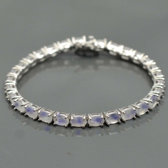 925 Solid Silver, Natural Rainbow Moonstone Bracelet, June Birthstone, Tennis Bracelet, Blue Fire Bracelet, Moonstone Jewelry, Gift For Her