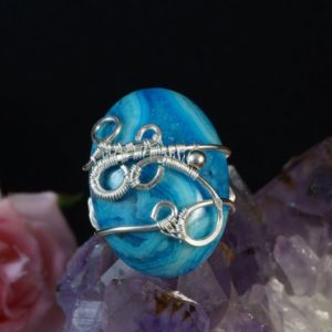 Shop Agate Rings! Sterling Silver ring with Blue Crazy Lace Agate gift for her gift for mom, wire wrapped artisan jewellery for women, size 4.5 US | Natural genuine Agate rings, simple unique handcrafted gemstone rings. #rings #jewelry #shopping #gift #handmade #fashion #style #affiliate #ad
