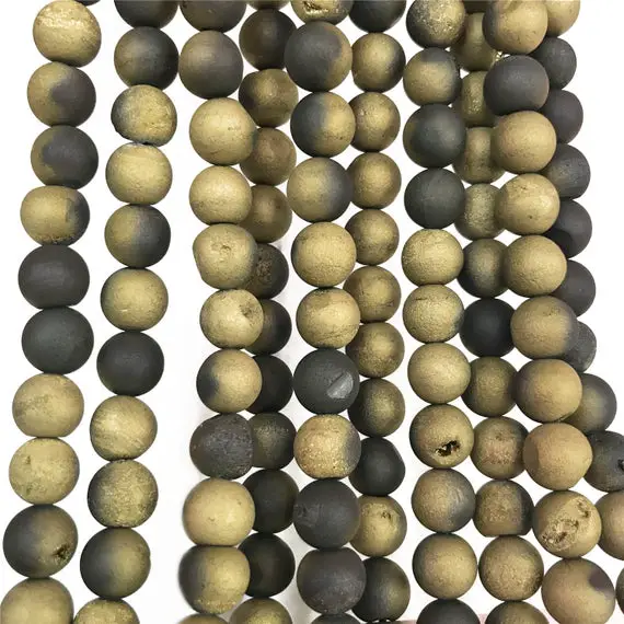 8mm Gold Druzy Agate Beads, Geode Agate Beads, Round Gemstone Beads, Wholesale Beads