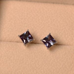 Alexandrite earrings, stud earrings, princess cut, sterling silver,color changing gemstone,dainty earrings | Natural genuine Alexandrite earrings. Buy crystal jewelry, handmade handcrafted artisan jewelry for women.  Unique handmade gift ideas. #jewelry #beadedearrings #beadedjewelry #gift #shopping #handmadejewelry #fashion #style #product #earrings #affiliate #ad