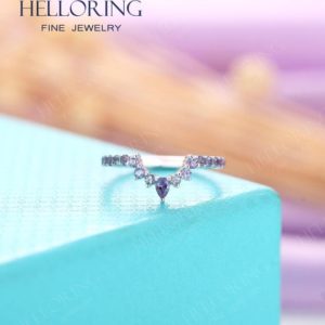 Shop Alexandrite Rings! Vintage alexandrite wedding band Stacking Ring Half Eternity Band Simple curved Matching Bridal Art deco Promise Anniversary ring | Natural genuine Alexandrite rings, simple unique alternative gemstone engagement rings. #rings #jewelry #bridal #wedding #jewelryaccessories #engagementrings #weddingideas #affiliate #ad
