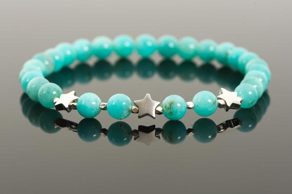 Amazonite Bracelet, Natural Blue Gemstone Chakra Stretch Bracelet With Sterling Silver Star Charms - Handmade Jewelry