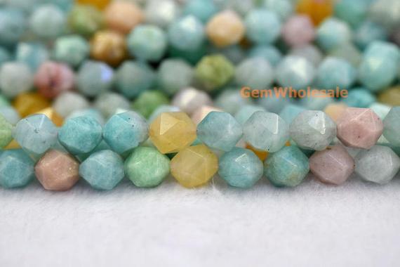 15.5" 8mm Natural Amazonite Stone Round Faceted Beads,blue Green Yellow Color Diy Gemstone Beads, Semi Precious Stone, Star Faceted Beads