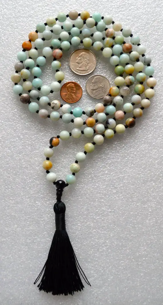 Amazonite Mala Beads Necklace, Healing Jewelry, Buddhist Necklace, Knotted Prayer Beads, Japa Mala For Healing, Detox, Stress Relief, Usa