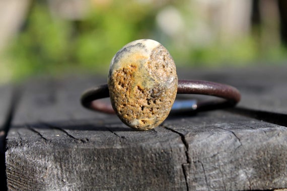 Raw Amber Leather Rustic Pebble Bracelet Oval Gray Black Dark Raw Stone Jewelry Pure Eco Natural Fashion Summer Primitive Rough Ooak
