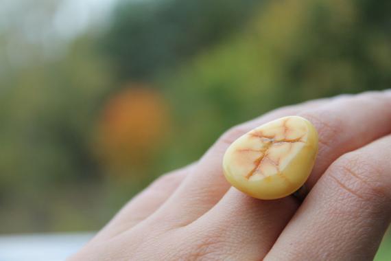 Amber Ring Adjustable Raw Yellow Amber Unique Jewelry Fossil Orange Ring Brass