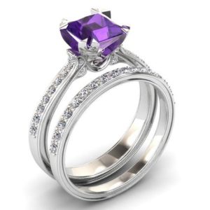 Amethyst Engagement Ring 1.00 Carat Princess Cut Amethyst And Diamond Ring In 14k or 18k White Gold. Matching Wedding Band Available SW12PUW | Natural genuine Array rings, simple unique alternative gemstone engagement rings. #rings #jewelry #bridal #wedding #jewelryaccessories #engagementrings #weddingideas #affiliate #ad