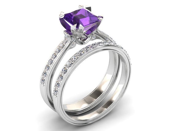 Amethyst Engagement Ring 1.00 Carat Princess Cut Amethyst And Diamond Ring In 14k Or 18k White Gold. Matching Wedding Band Available Sw12puw